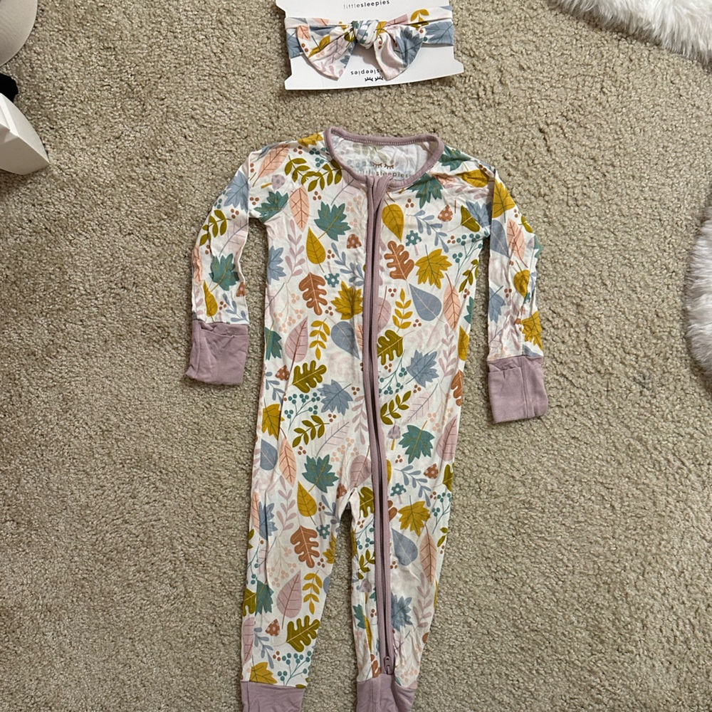 EUC Little Sleepies Fall Mauve Leaves Zippy 6-12 mos